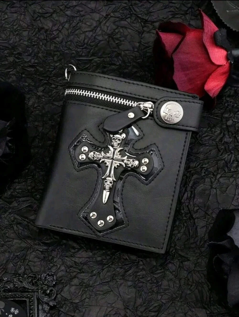 Men's Bifold Wallet, 1Pc New Retro Punk Style Black Skull & Cross Pattern